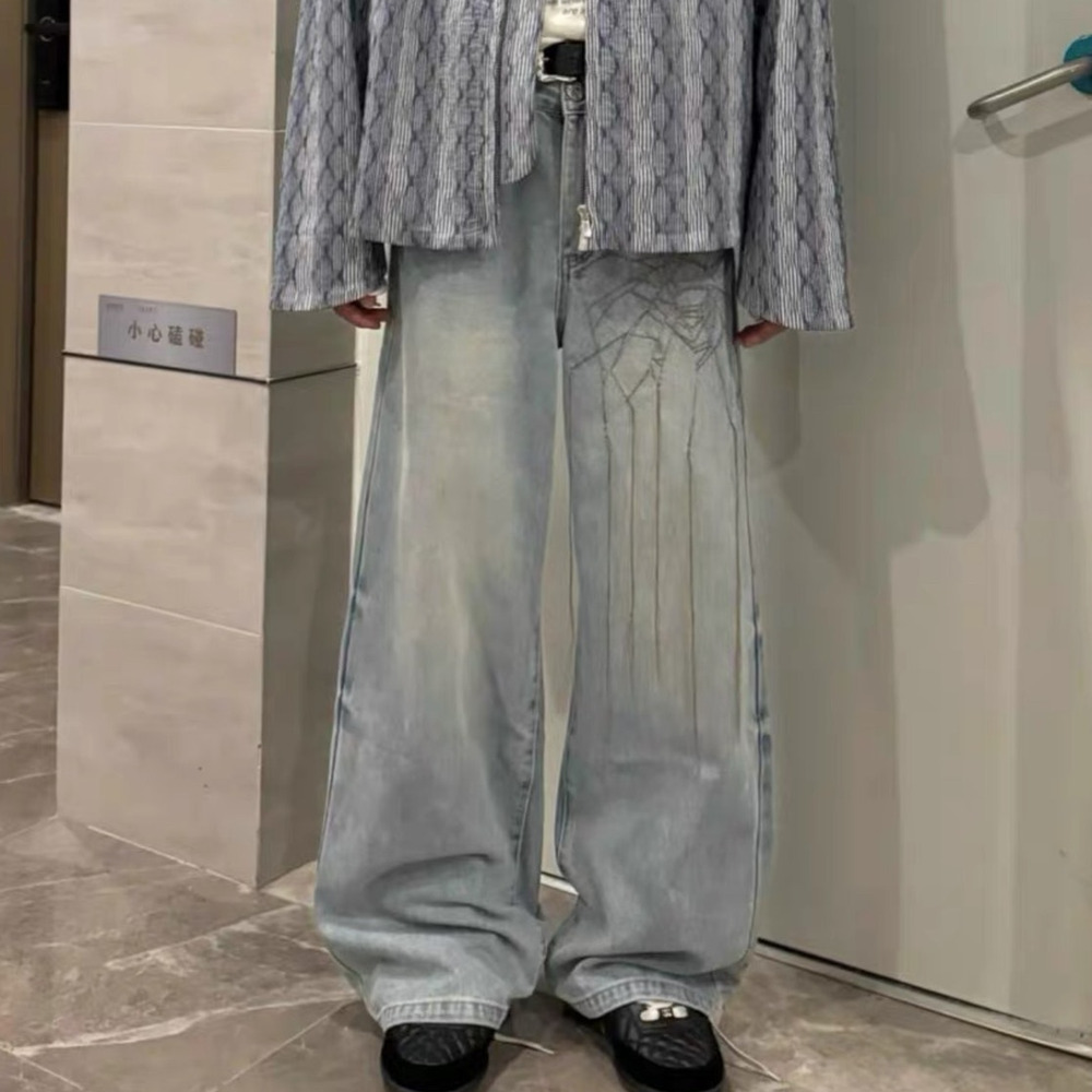 Japanese Brand Spider Web Embroidered Baggy Blue Denim Wide-Leg Jeans Size 32